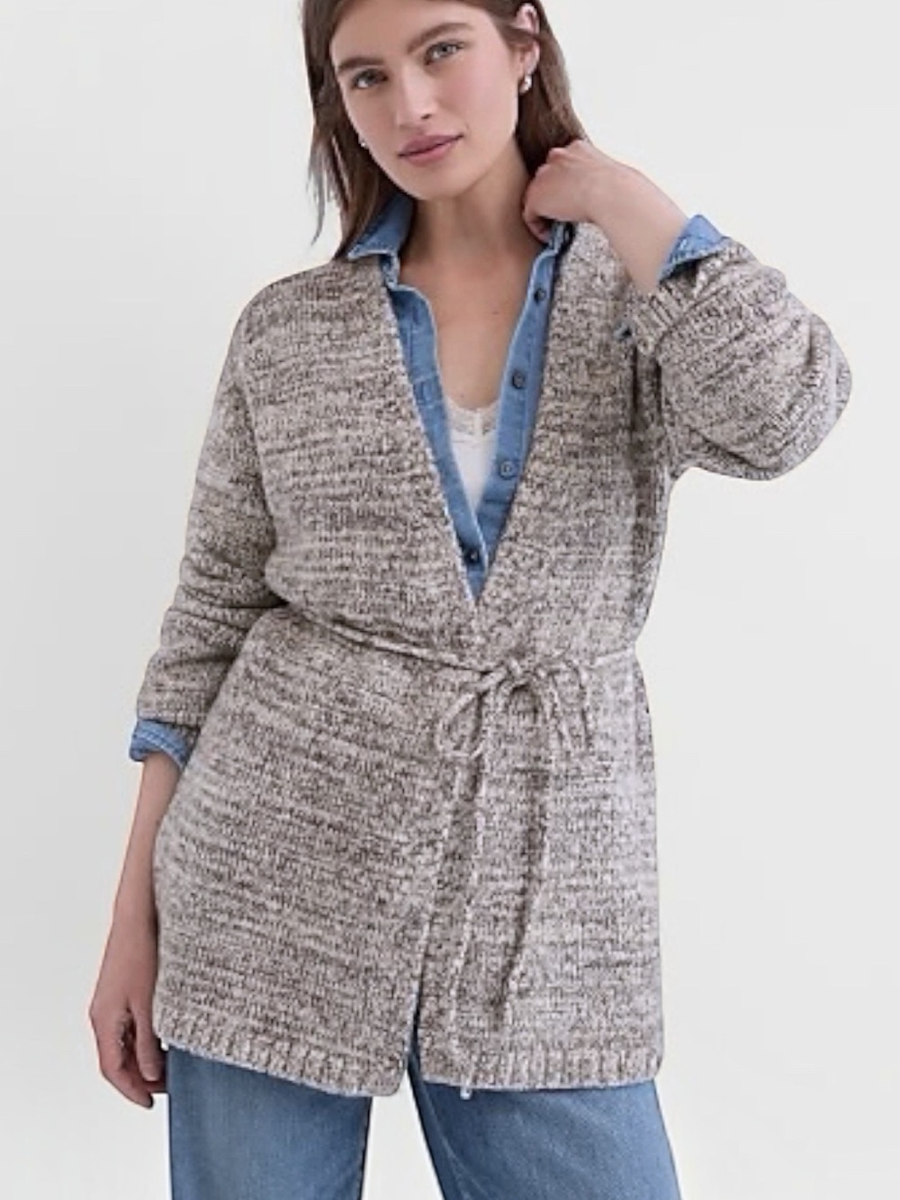 NEW LOFT Neutral Heather Longline Belted Knit Cardigan Sweater Women’s Size XS